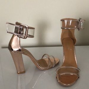 Rose gold open toe clear strap heels